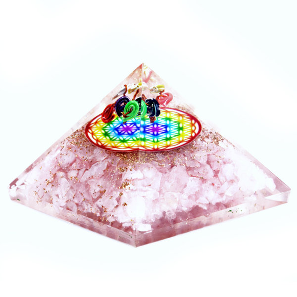 Orgonit Pyramide - Rosenquarz Regenbogen Blume des Lebens - 70 mm